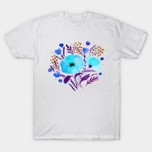 Watercolor poppies bouquet - blue and purple T-Shirt